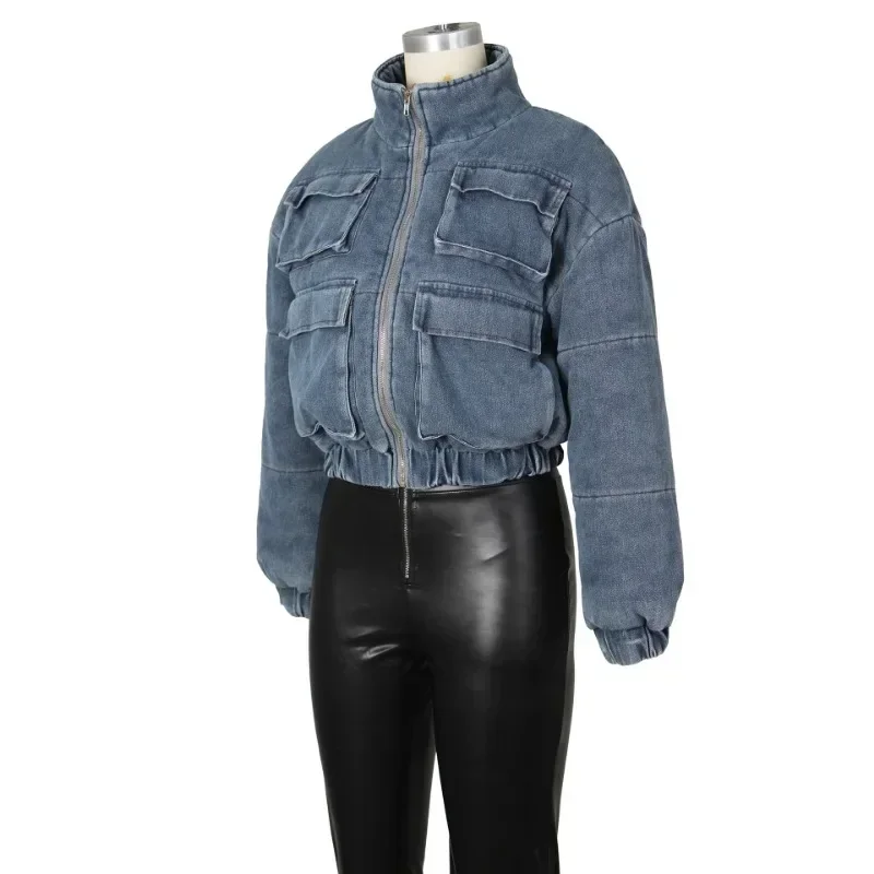 Warm Thick Cargo Denim Parkas Jacket Women Fashion Multi Pockets Stand Collar Long Sleeve Zipper Winter Cotton Padded Jeans Coat