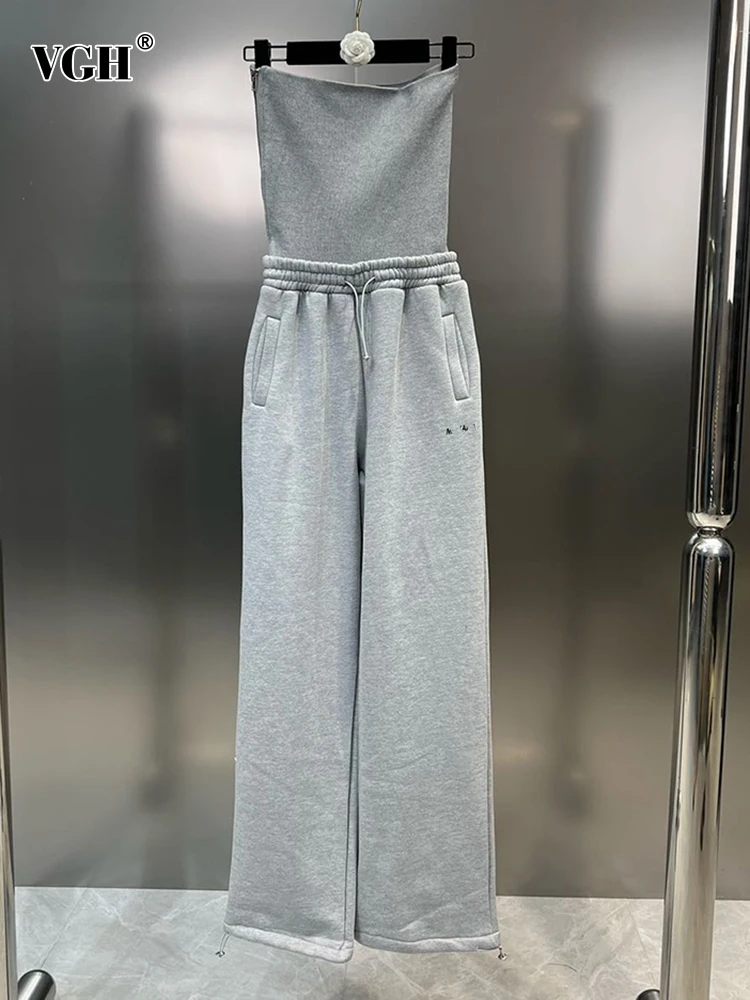

VGH Solid Spliced Drawstring Casual Jumpsuits For Women Strapless Sleeveless High Waist Off Shoulder Minimalist Jumpsuit Female