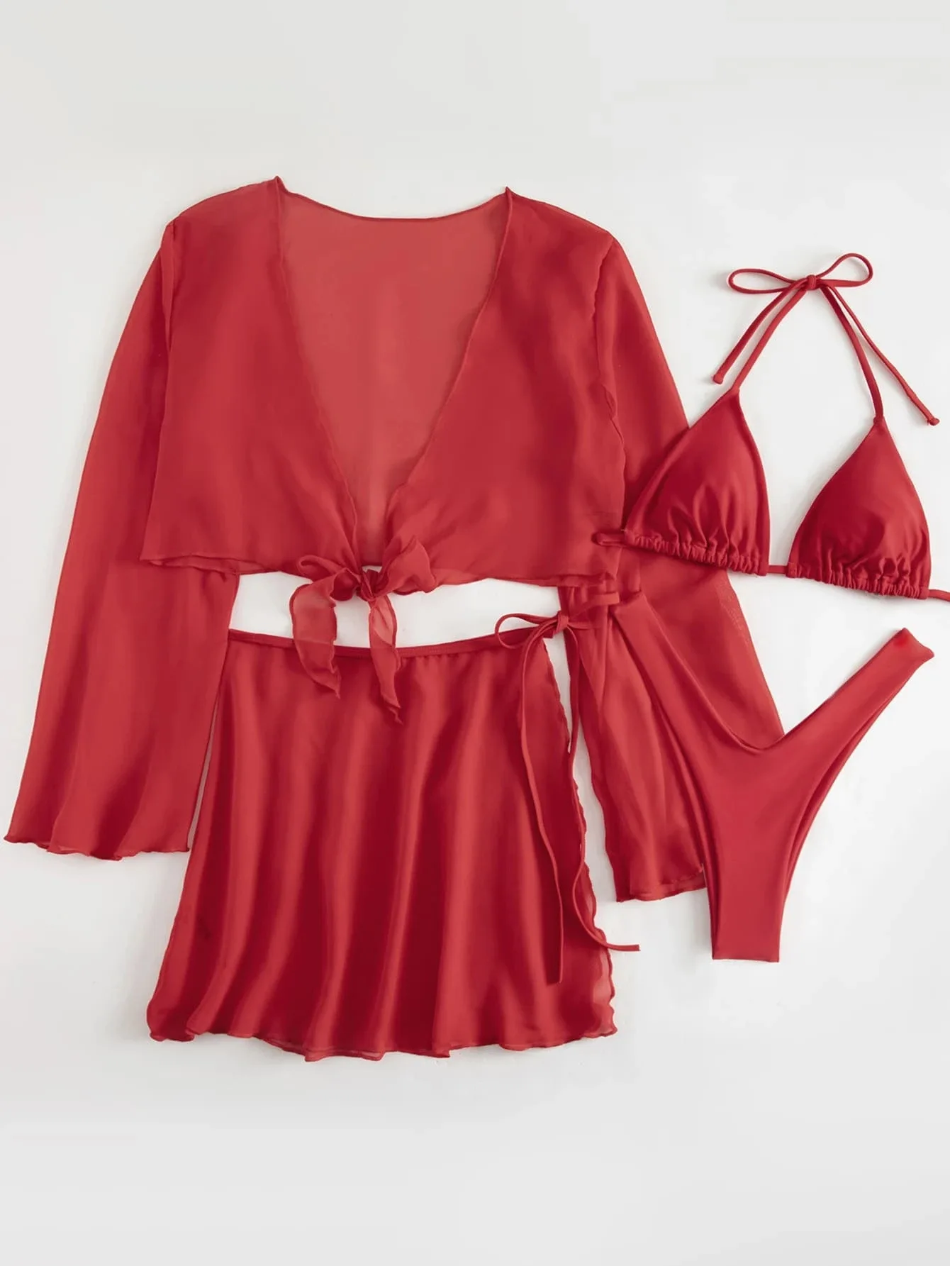 4pcs Red Bikinis Sets Women Mesh Long Sleeve Cover Up with Skirt Swimsuit 2024 Summer Push Up Beach Bathing Suit Thong Swimwear 2