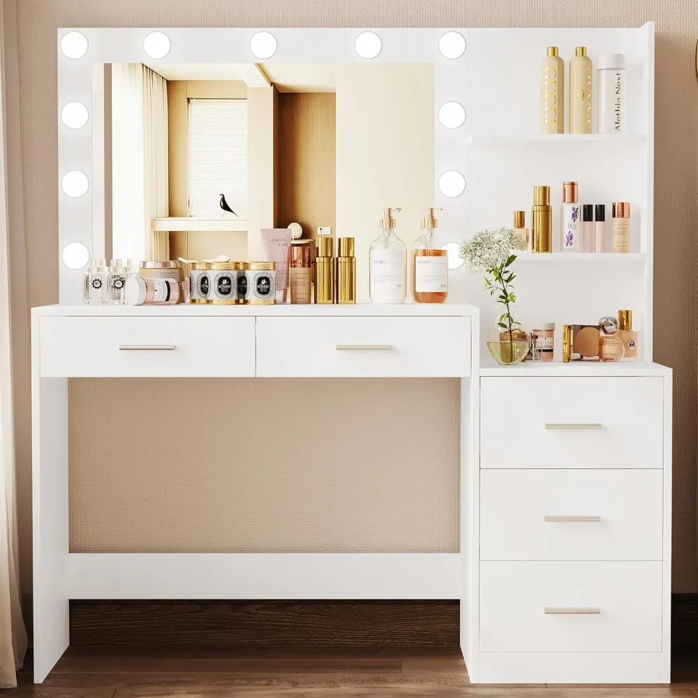 

Rovaurx 46.7" Makeup Vanity Table with Lighted Mirror, Large Vanity Desk with Storage Shelf & 5 Drawers, Bedroom Dressing Table,