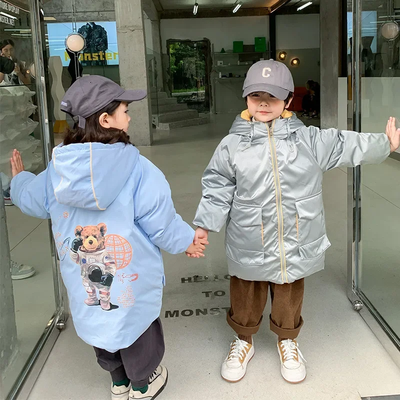

Korean Winter Children Boy Down Jacket Cartoon Bear Reversible Waterproof Shiny Hooded Little Boy Outerwear Coat Kids Boy Parka