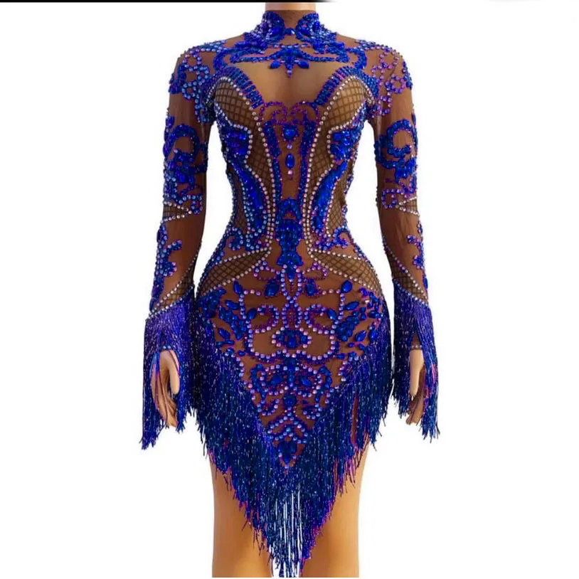 2022 New Fashion Luxury Clothing Glitter Full Beading See Through Mesh Sexy Party Club Tassel Dress Elegant Dresses For Women african suit Africa Clothing