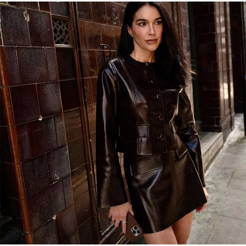 Sexy PU Leather Jacket Mini Skirts Set