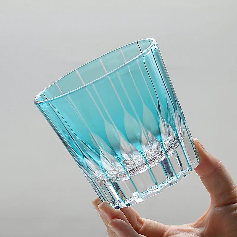 New Sky Blue Handmade Edo Kiriko Whiskey Old Fashioned Glass Tumbler 320 ml With Gift Box