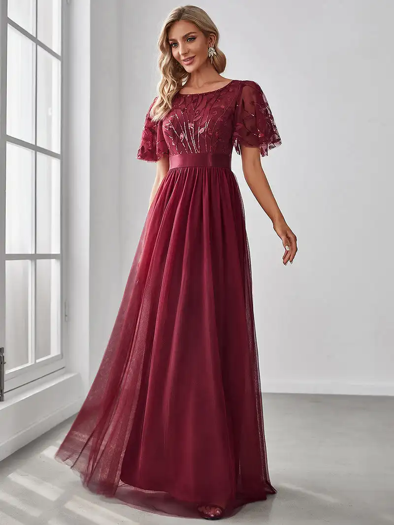 Elegant Evening Dresses Sequin Print Maxi Long with Cap Sleeve A-LINE 2024 Ever Pretty of Burgundy Gauze Prom Dresses Of Women