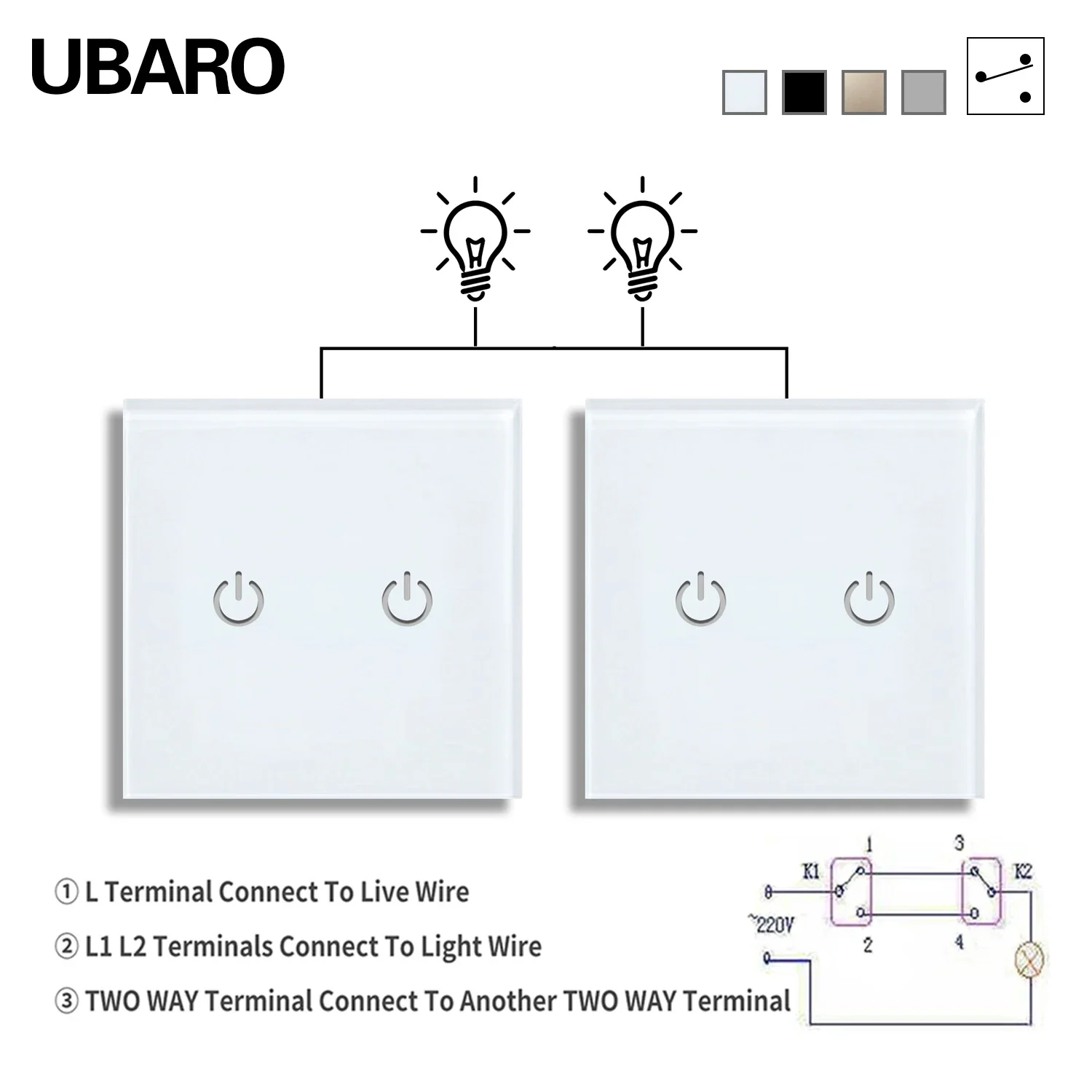 Ubaro-touch Dual Switches Painel de Vidro Temperado Interruptores Sensor Escadas Quarto Interruptores On-off 2gang 2way ue 86*86 mm 220v 12a