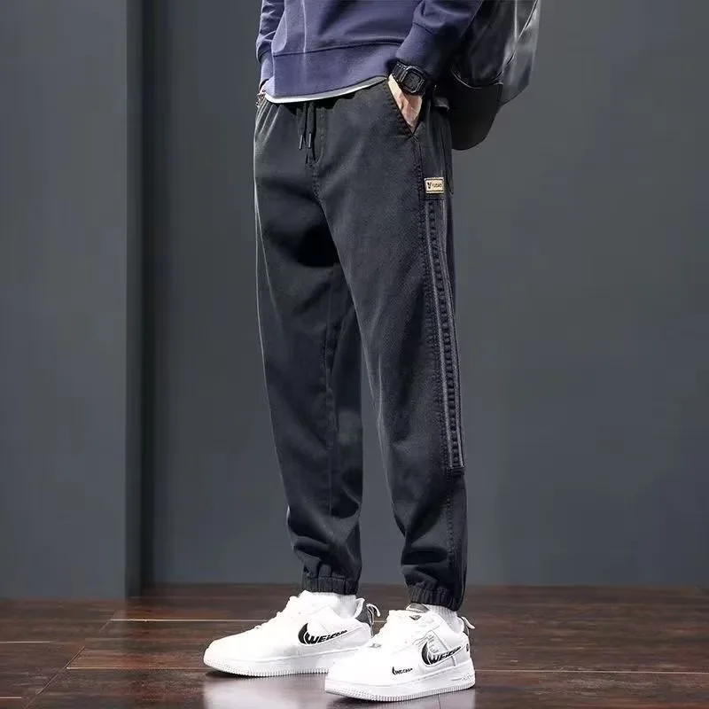 Solid Color Jeans Men Slim Drawstring Mid-waist Ankle-length Fashion Casual Pants All Season High Street Daily Denim Pants Male