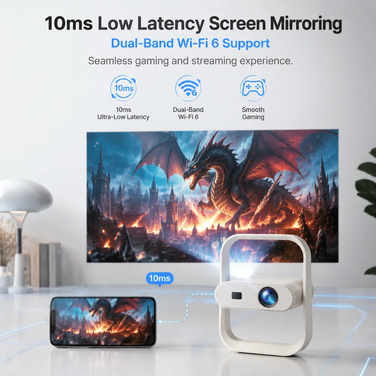 스마트 안드로이드 14 프로젝터 HY370 네이티브 720P 8K 디코딩 WiFi 6 BT 5.0 리모컨 전동 포커스 자동 키스톤 보정 300 ANSI 180도 회전