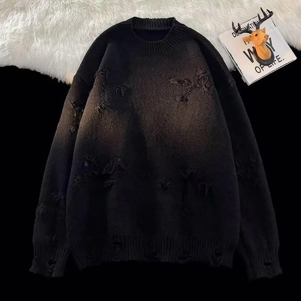 Description Picture 6 of itemLong Sleeve Men Sweater Men's Retro Ripped Tassel Cross Pattern Sweater Autumn Winter Knitwear for Streetwear Style Loose Fit