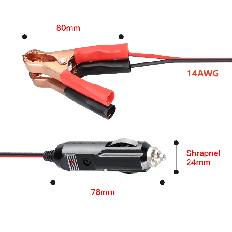Car Cigar Lighter Seat 12V-24V Male Plug Cigarette Lighter Socket Adapter Power Cord Alligator Clip Battery with Extension 20A Fuse LED Indicator