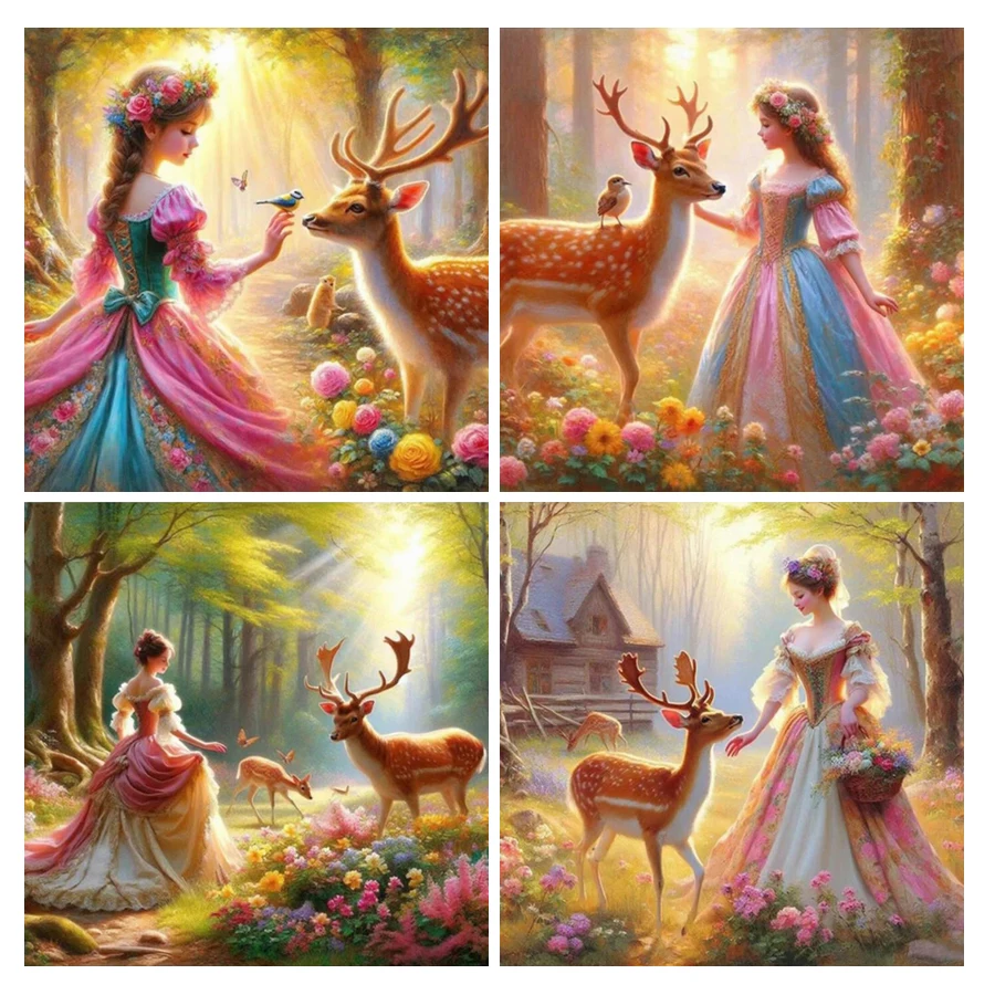 

Diamond Painting Girl Deer Diy Full Square Round Drill Mosaic Embroidery Fantasy Forest Scenery Rhinestone Picture Wall Decor