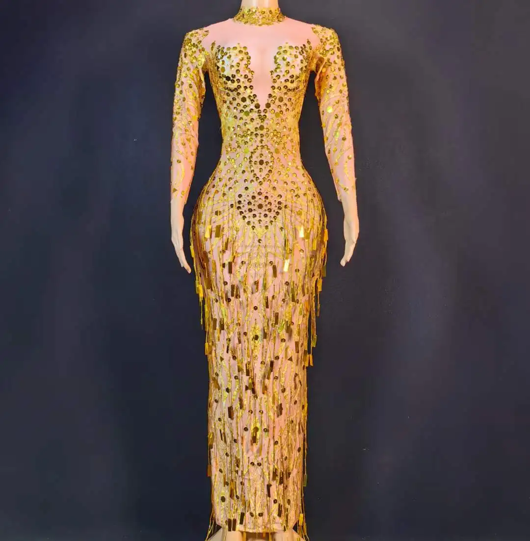 Gold Rhinestone Sequins Long Dress For Women Birthday Evening Queen Shinning Performance Stage Wear Drag Queen Costume 2024 New