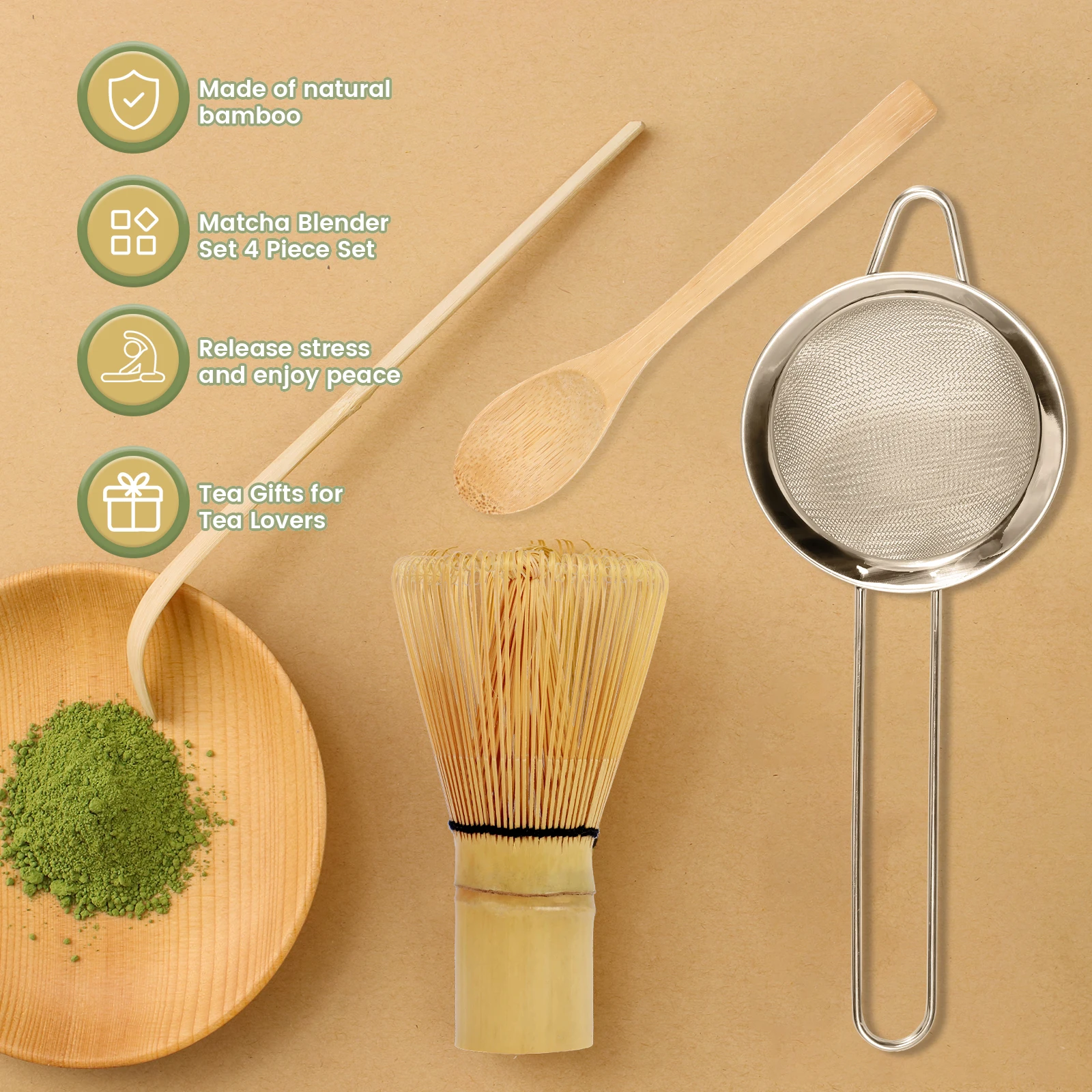 Description Picture 2 of item5Pcs Matcha Whisk Set Reusable Japanese Whisk Set Handmade Bamboo Matcha Whisk Traditional Tea Scoop Strainer for Tea Lovers