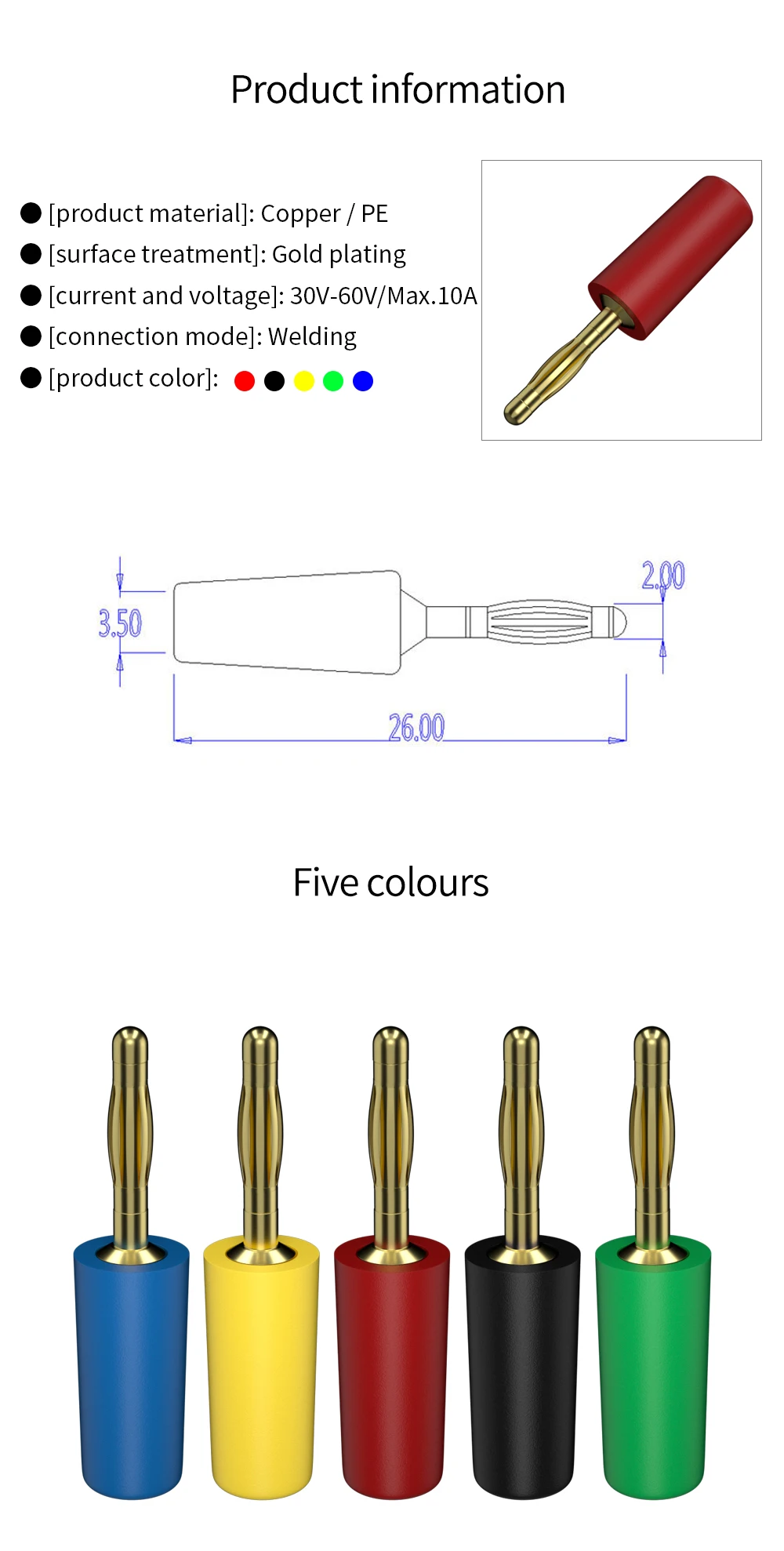 Jzdz 10pcs 2mm Bananen stecker kupfer vergoldet elektrischer Stecker Test zubehör 10002 – Detail 1