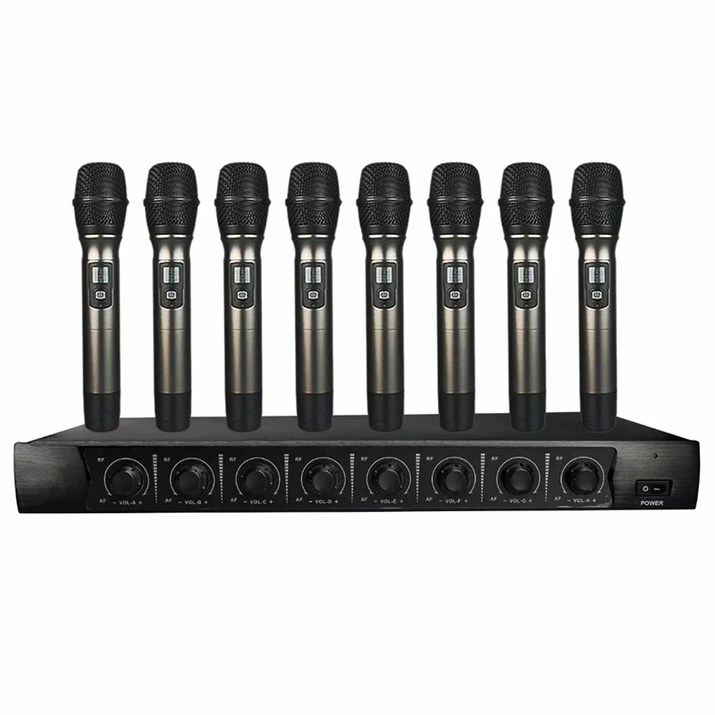 

Professional 8 channel UHF wireless microphone System with four handhelds headsets Dynamic Mic