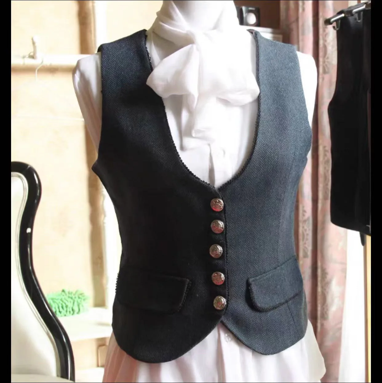 Ladies Herringbone Wool Tweed U Neck Business Tank Top Slim Fit Small Lace Ladies Vintage Office Formal Workwear