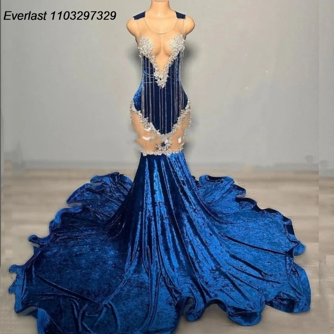 

EVLAST Sparkly Navy Blue Velvet Long Prom Dress Crystals Beading For Black Girls Evening Formal Gala Gowns Robe De Soiree TPD05