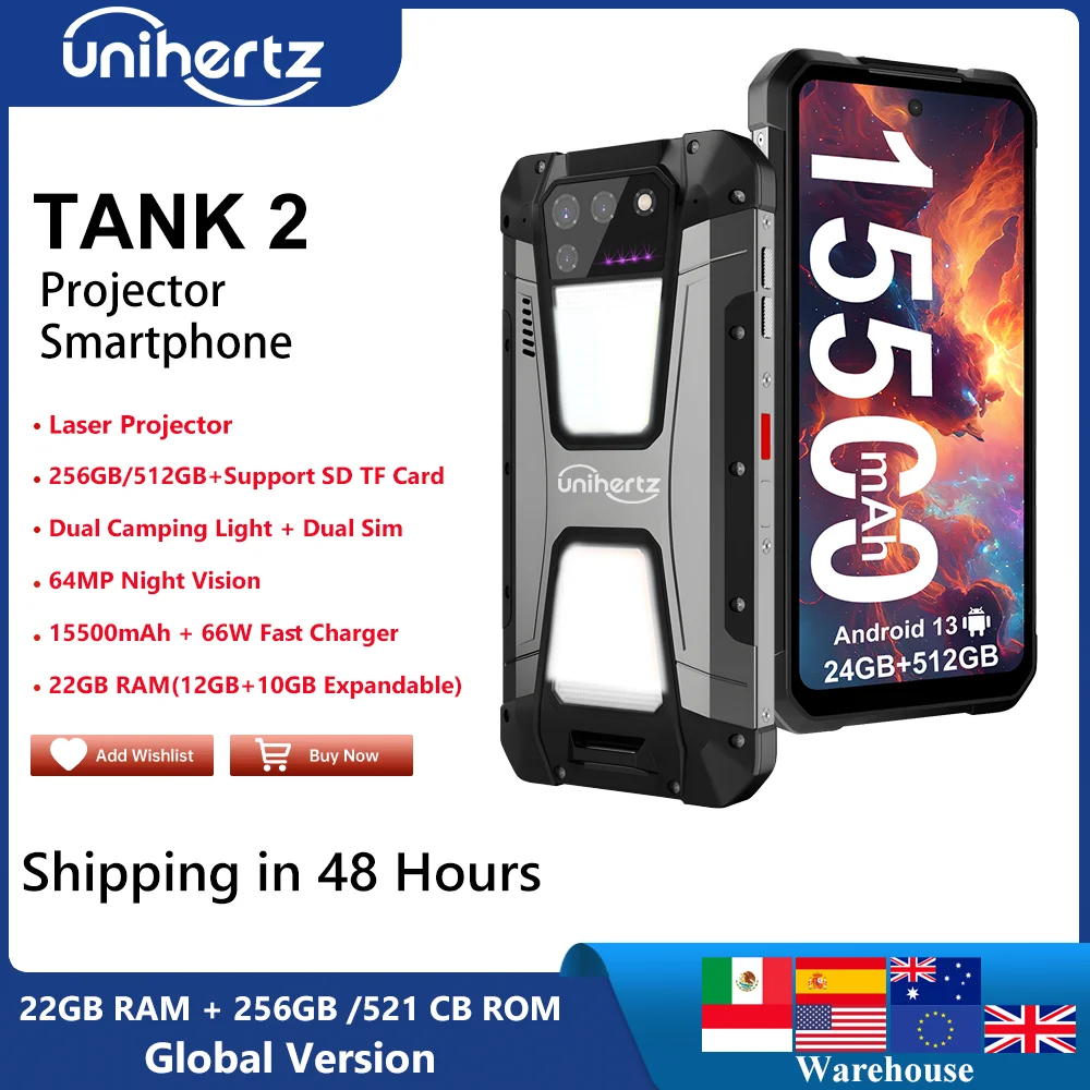 Us Mx Au Eu Stock Unihertz 8849 Tank 2 Proiettore Smartphone Robusto 24Gb Ram 512Gb Rom 108Mp 64Mp Super Night Vision G99 15500Mah