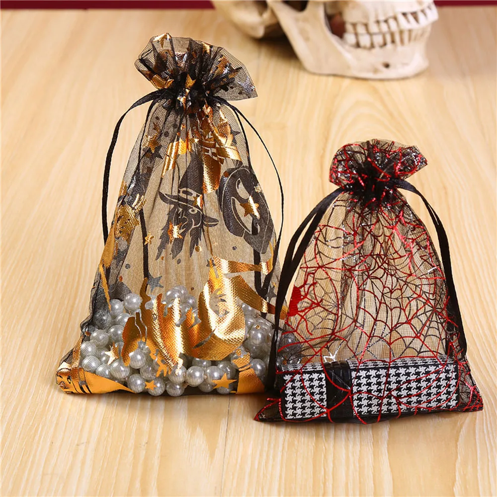 100pcs/lot 10x14 13x18cm Spider Web Bronzed Organza Bags Halloween Party Gift Candy Drawstring Pouches