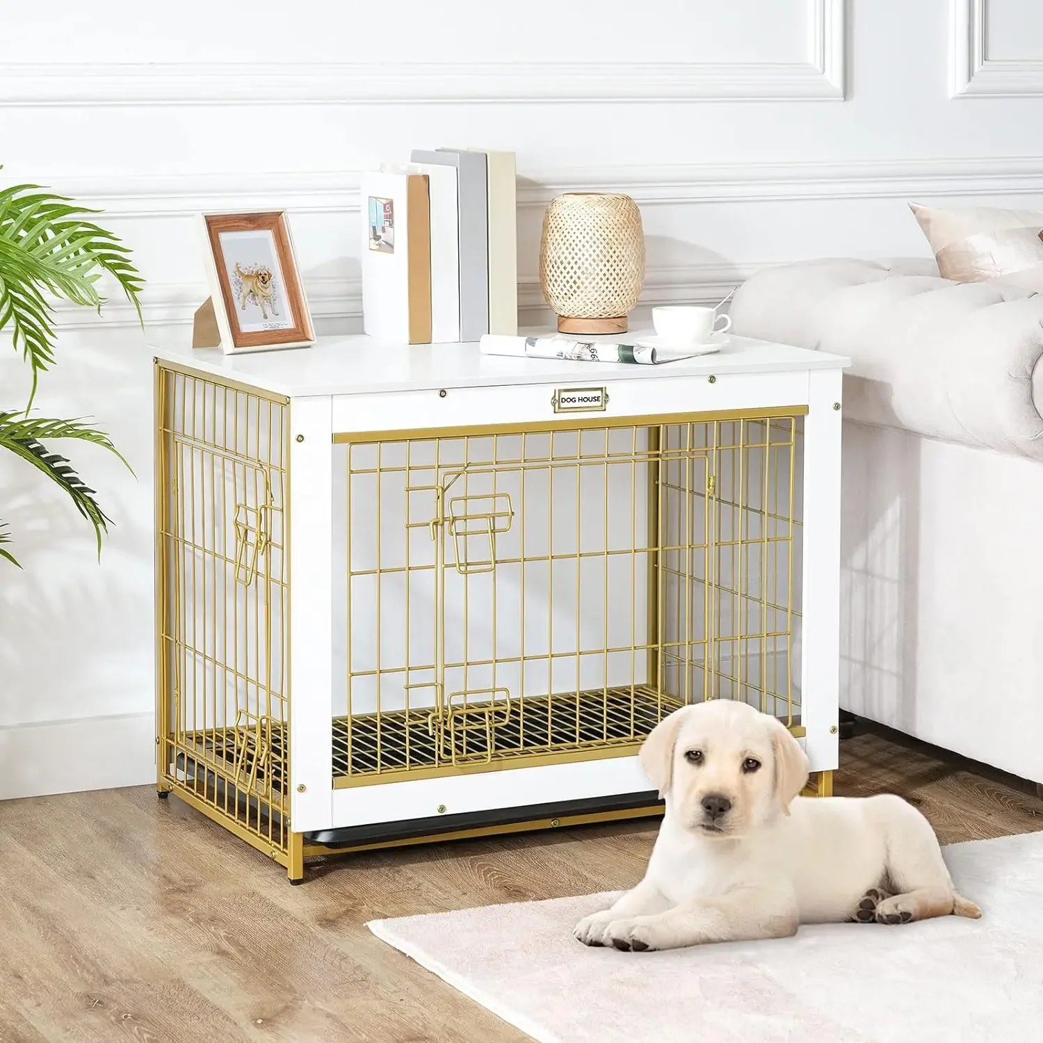 

Large Dog Kennel,Wooden Decorative Pet Furniture with Pull-Out Tray,Double Doors Modern Side End Table for Dog