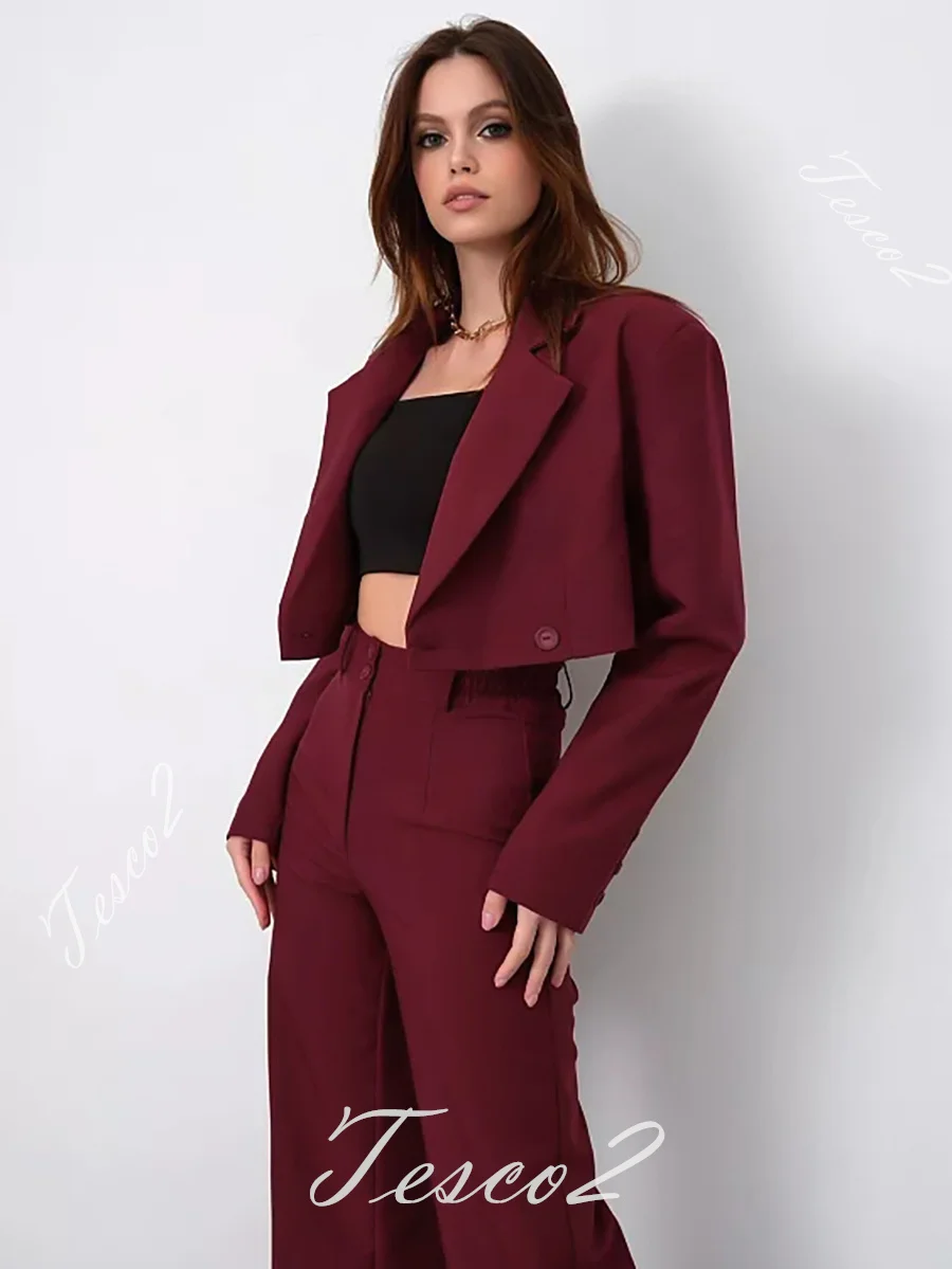 Tesco Office Pantsuit For Women Spring Short Crop Top+High Waist Wide Leg Pants Casual Double Breasted Blazer Women Chic Outfits