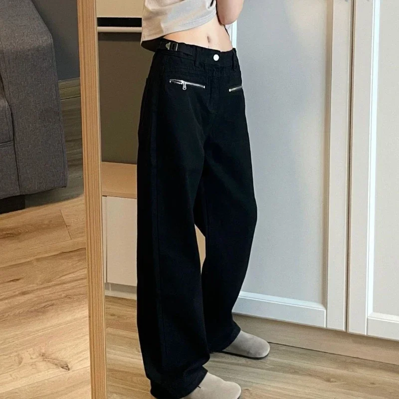 

Trousers Cargo Pants for Women Straight Leg Black Womens Jeans with Pockets High Waist Shot Grunge Y2k Emo Trend 2024 Vintage A