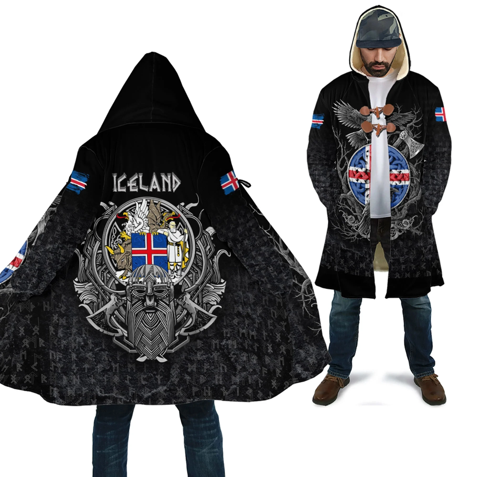 Raven Odin Country Tattoo 3D All Over Printed Men's Fleece Hooded Cloak Winter Unisex Casual Thick Warm Cloak Coats PF114