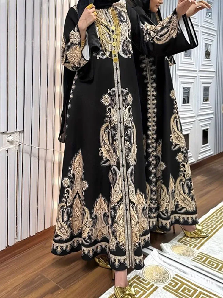 أنيقة زر هايت الخصر مسلم فستان طويل عادية كم طويل سبليت المرأة فستان الخريف موضة الوقوف طوق فستان حفلة فضفاضة