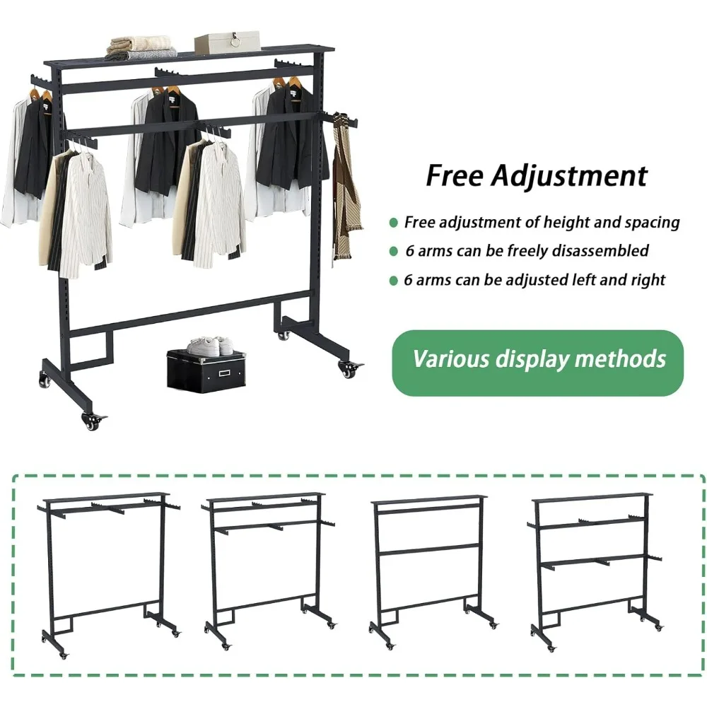 Adjustable 8-Arm Garment Rack with Rolling Wheels and Double Rod Display Shelf