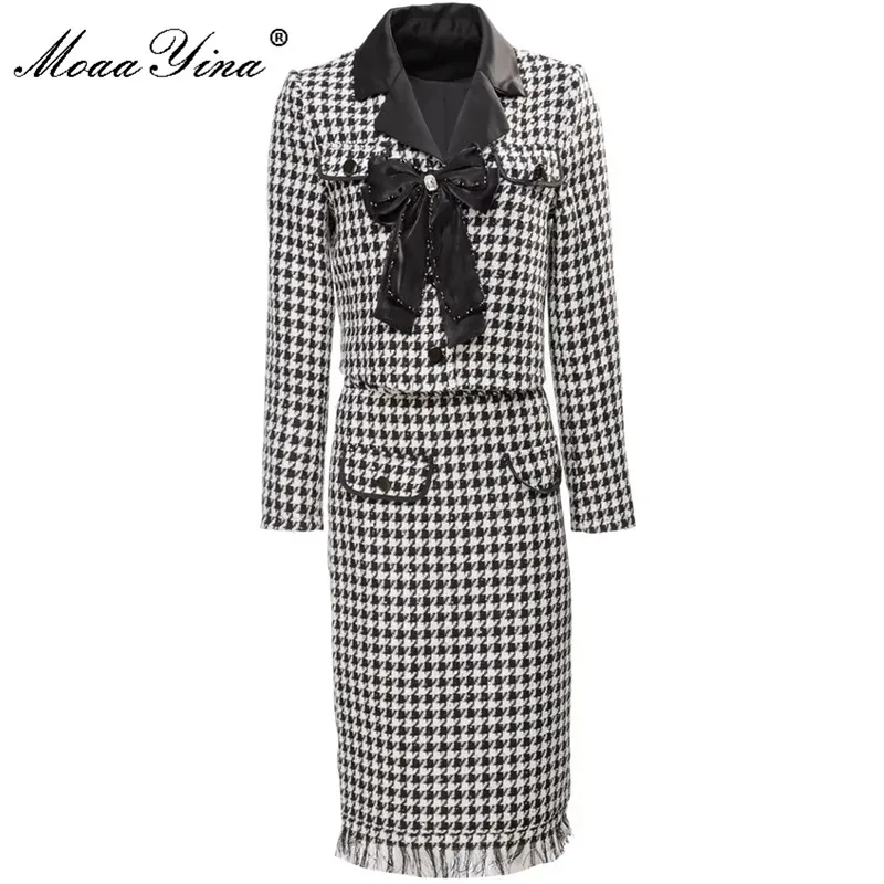 

MoaaYina Fashion Runway Spring Skirt Suit Women Long Sleeve Bowknot Single Breasted Print Shirts + Skirt 2 Pieces Set