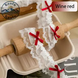 Elegant Bow Pleated Lace Ruffle Ribbon for DIY Crafts and Sewing Projects (Wine red)