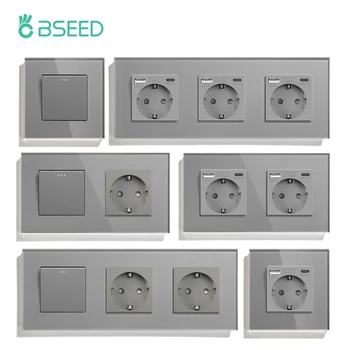 BSEED 1/2/3Gang Mechanical Light Switches 1Way Plus Wall Socket Type-c USB Power Outlets กรอบแก้วคริสตัล EU มาตรฐานสีเทา 1