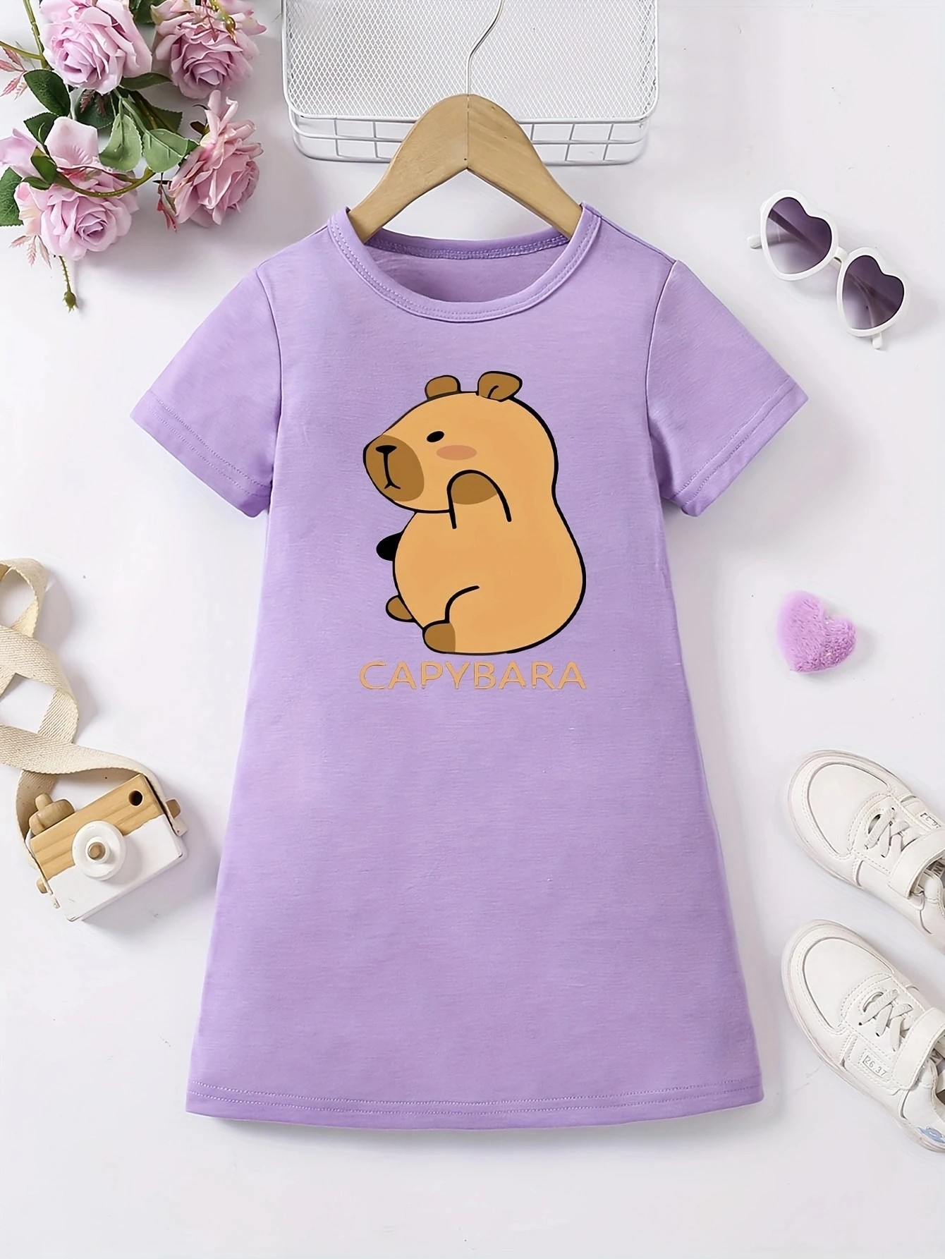 Girl's casual dress Cute "CAPYBARA" letters, cartoon animal print Machine washable Perfect for spring and summer outings
