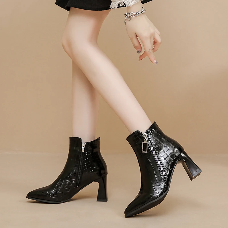 Shaped Tapered Heel Stone Grain Pointed Sexy Short Shoes Breathable Mesh Lining Rhinestone Zipper Women's Ankle Boots
