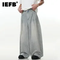 IEFB Simple Men's Denim Pants Droop Pleated Droop Washing High Street Casual Solid Color Straight Wide Leg Male Trousers 9C8878 1
