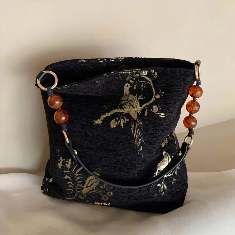 Vintage Landscape Embroidery Black Handbag Women Ethnic Large Capacity Beaded Shoulder Bags Ladies Elegant Premium Crossbody Bag