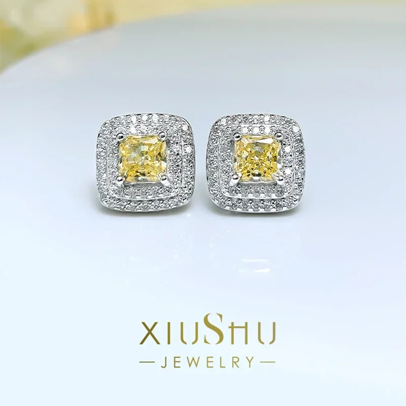 Light Luxury Yellow Diamond Princess Square 925 Silver Ear Ring High Carbon Diamond Simple Daily Engagement Jewelry Wholesale