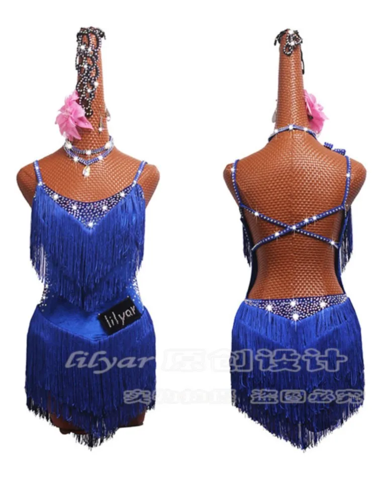 

Latin Dance Competition Performance Dress Adult And Children's Female Sapphire Blue Tassel High Slit Skirt