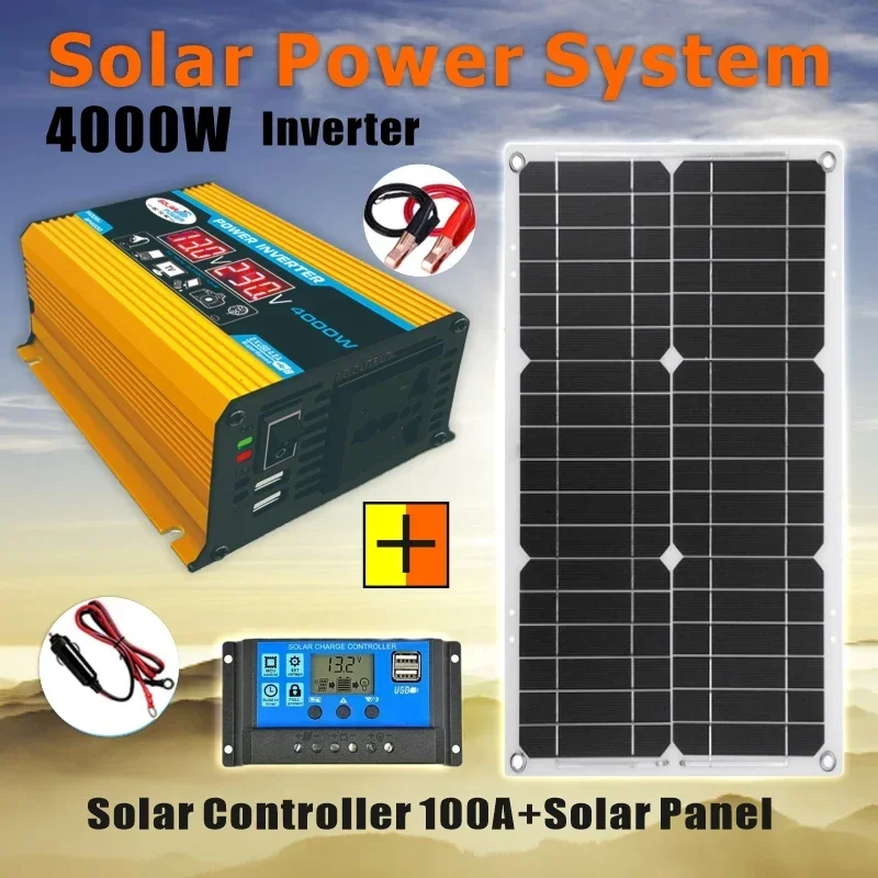 4000W ชุดอินเวอร์เตอร์พลังงานแสงอาทิตย์ 12V to 110 V/220 V ระบบแผงพลังงานแสงอาทิตย์ 12V แผงพลังงานแสงอาทิตย์แบตเตอรี่ Charge Controller power Generation 1