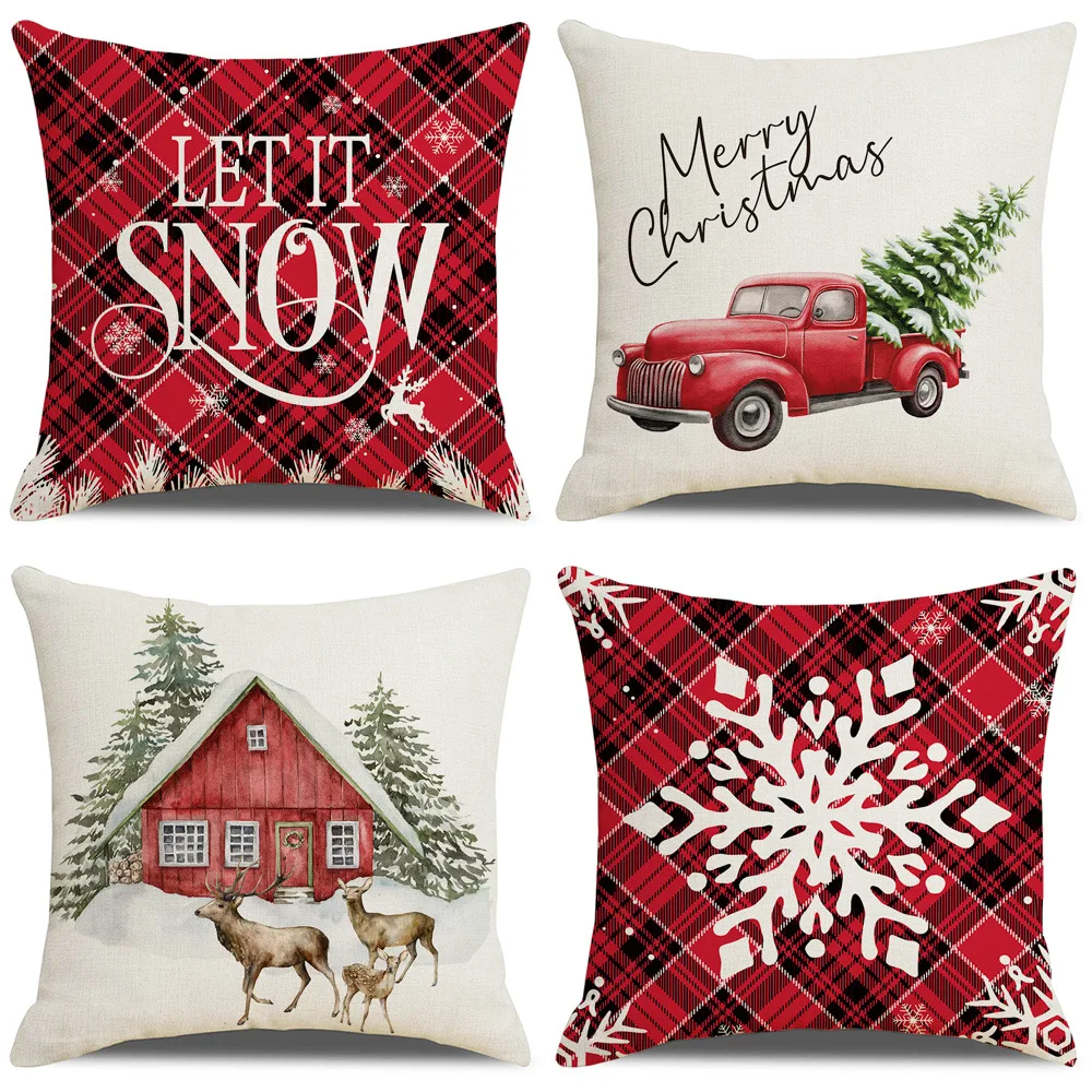

Linen Pillowcase with Red Black Grid Throw Pillow Cover Holiday Living Room Decoration New Christmas Series Cushion Cover 45x45
