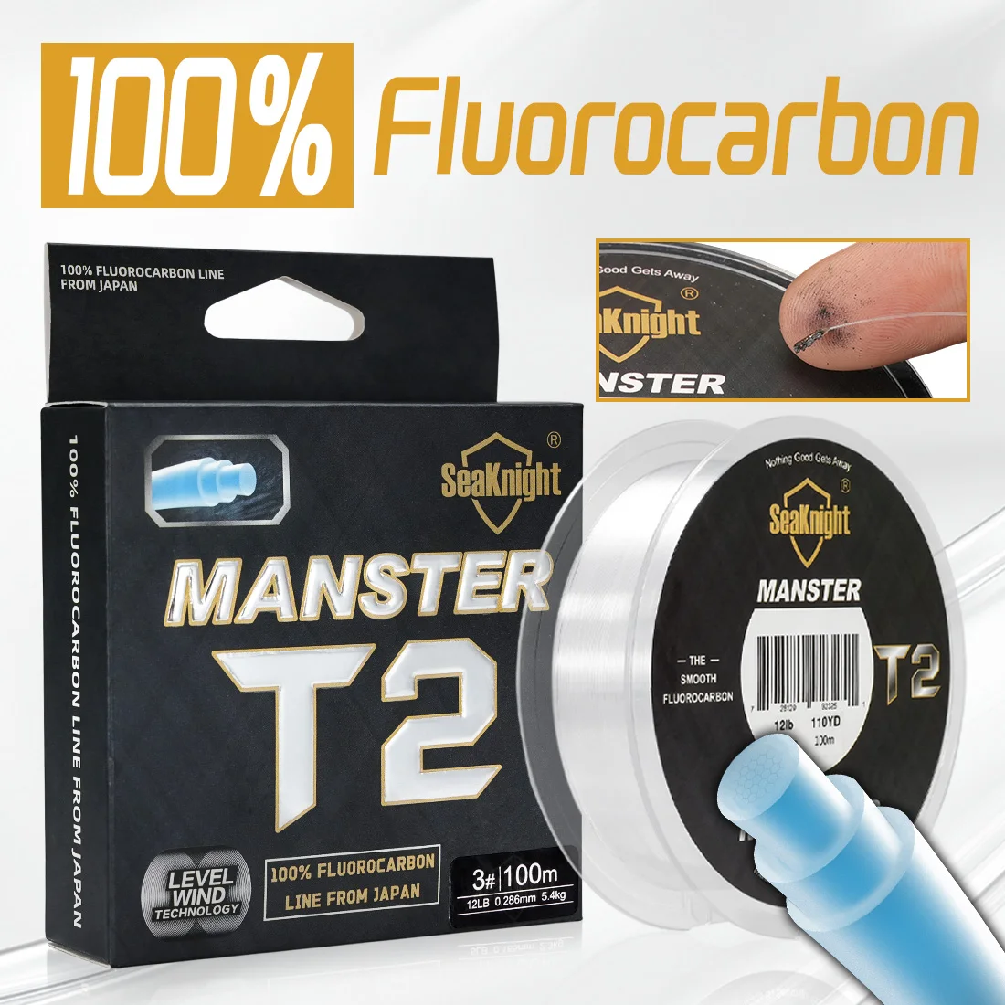 Ligne de pêche fluorocarbone 100% MANSTER T2 SeaKnight, 100M pour mer et surf, 3-35LB, fil carbone coulissant