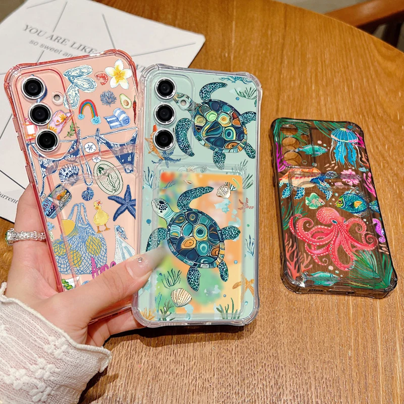 Sea Turtle Pattern Clear Card Holder Wallet Phone Case
