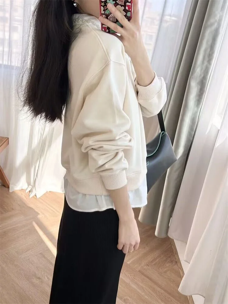 

Новинка Весна 2024, женские худи с имитацией двух вставок, украшенные бриллиантами, Дамский пуловер с отложным воротником и длинным рукавом, вышитыми буквами, топы