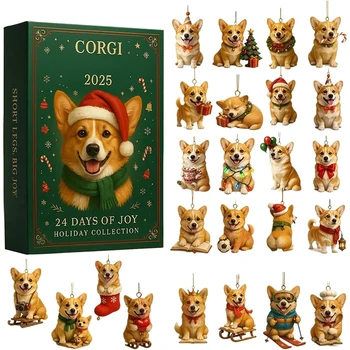 2025 Calendari Corgis Advents, con 24 pendenti in acrilico Corgis per il conto alla rovescia di Natale, adatti per specchietti retrovisori per auto, pareti