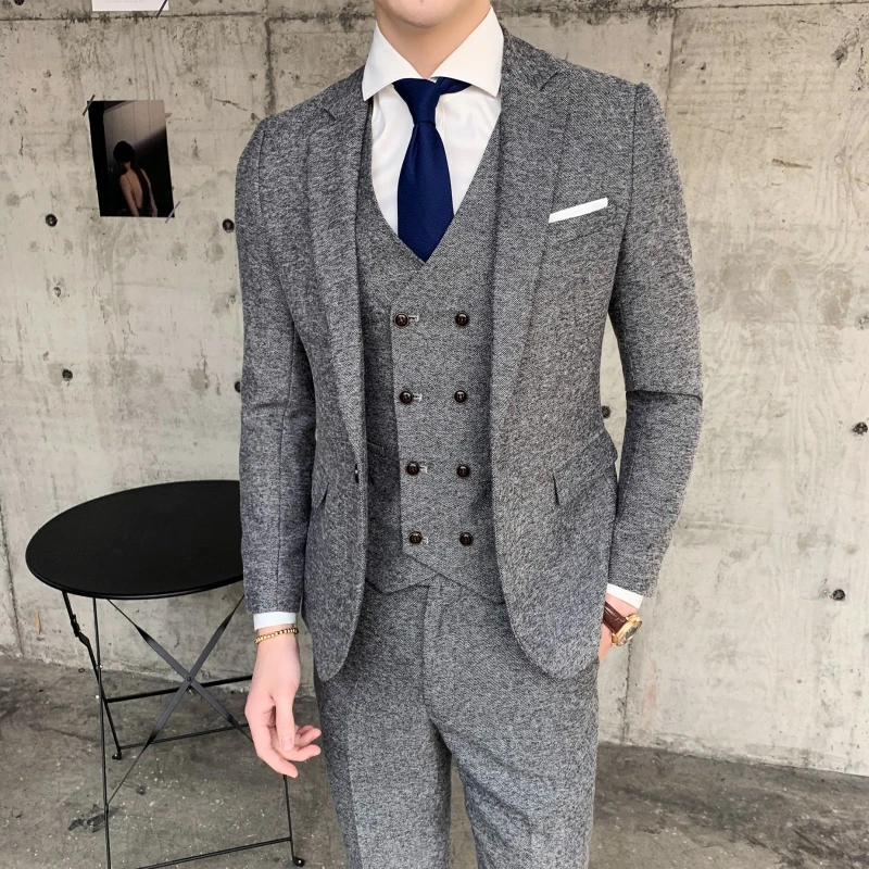 Men Slim Fashion Banquet Groom Single Button Suit Vest Trousers Business Handsome Leisure Three-piece Set