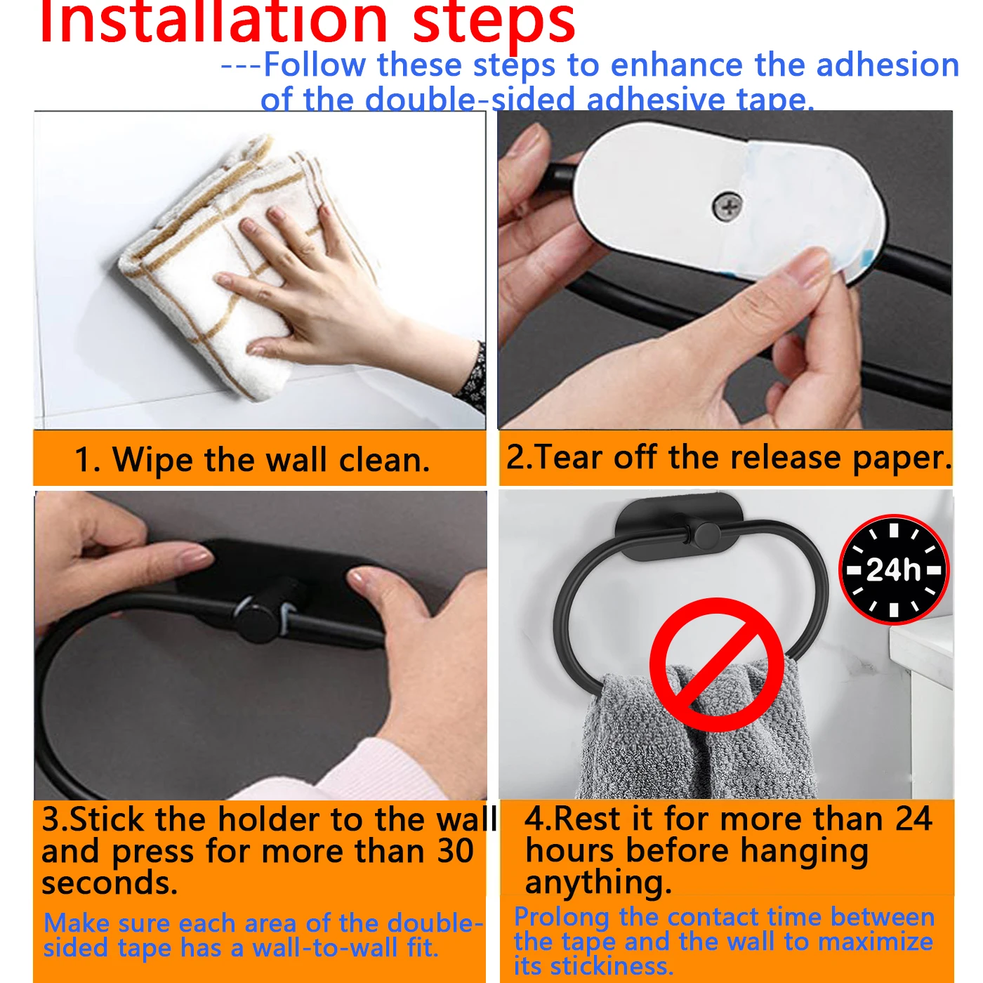Description Picture 2 of itemStainless Steel Towel Holder Self-adhesive Bathroom Towels Rack Black Washhand Hanger Ring Rail Bar Kitchen Storage Accessories