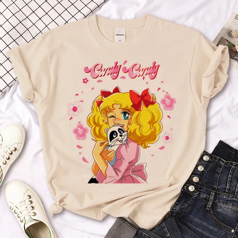 Candy Candy T-Shirt Damen Y2K T-Shirts Weibliche Anime Streetwear 2000er Lässige Damenkleidung Übergroße Kurzarm-Shirts mit Grafik