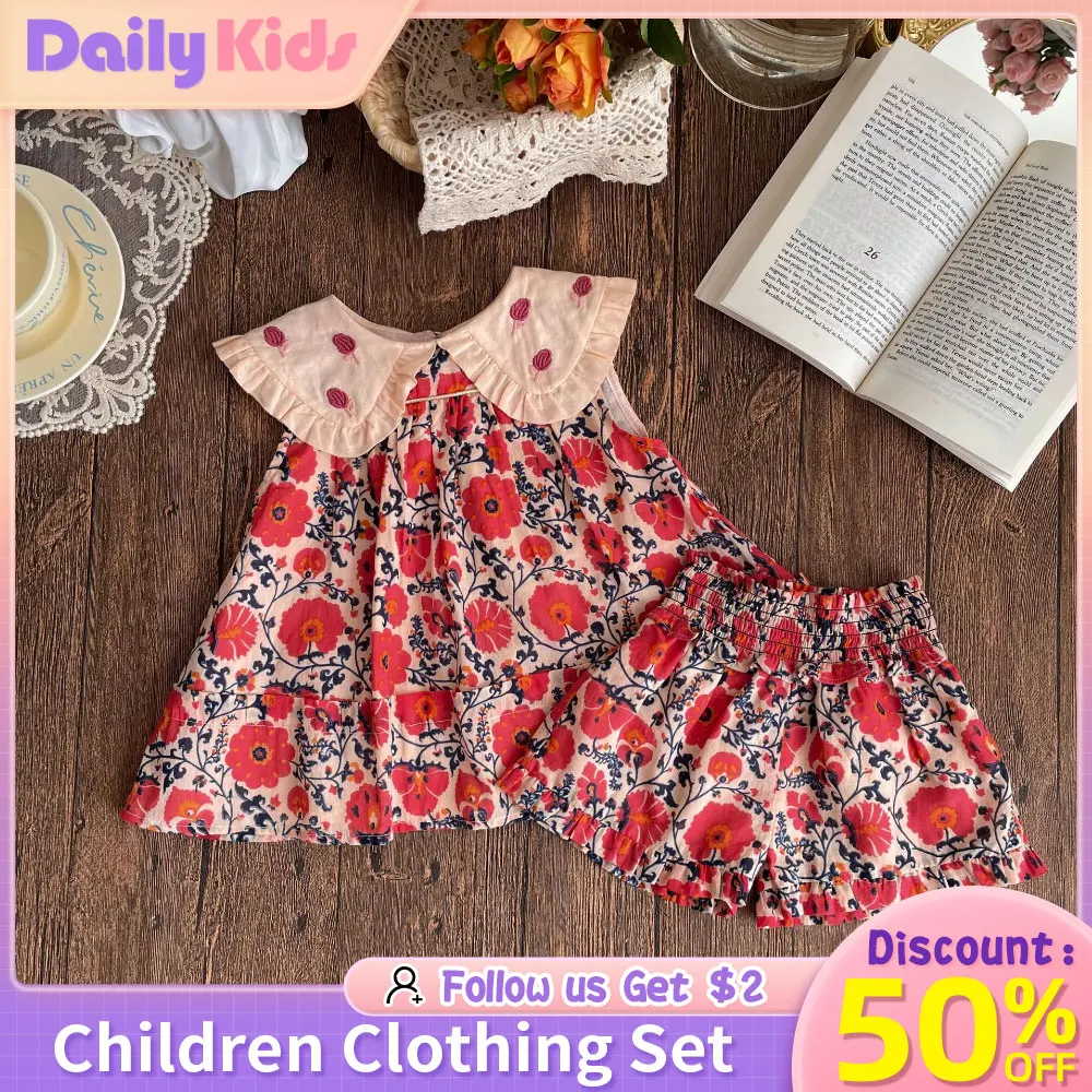 

Children's Clothing Girl's Set Girl's Embroidered Collar Sleeveless Flower Doll Top+Shorts Two Piece Set 2023 New Summer clothes