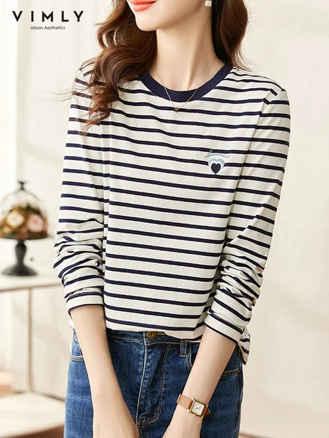 Vimly Striped T-shirt For Women Long Sleeve O-neck Cotton Autumn