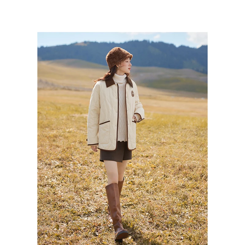 INMAN Women Down Jacket 2023 Winter Long Sleeve Contrast Lapel Loose Thick Coat Fashion Versatile Apricot Coffee Warm Outwear